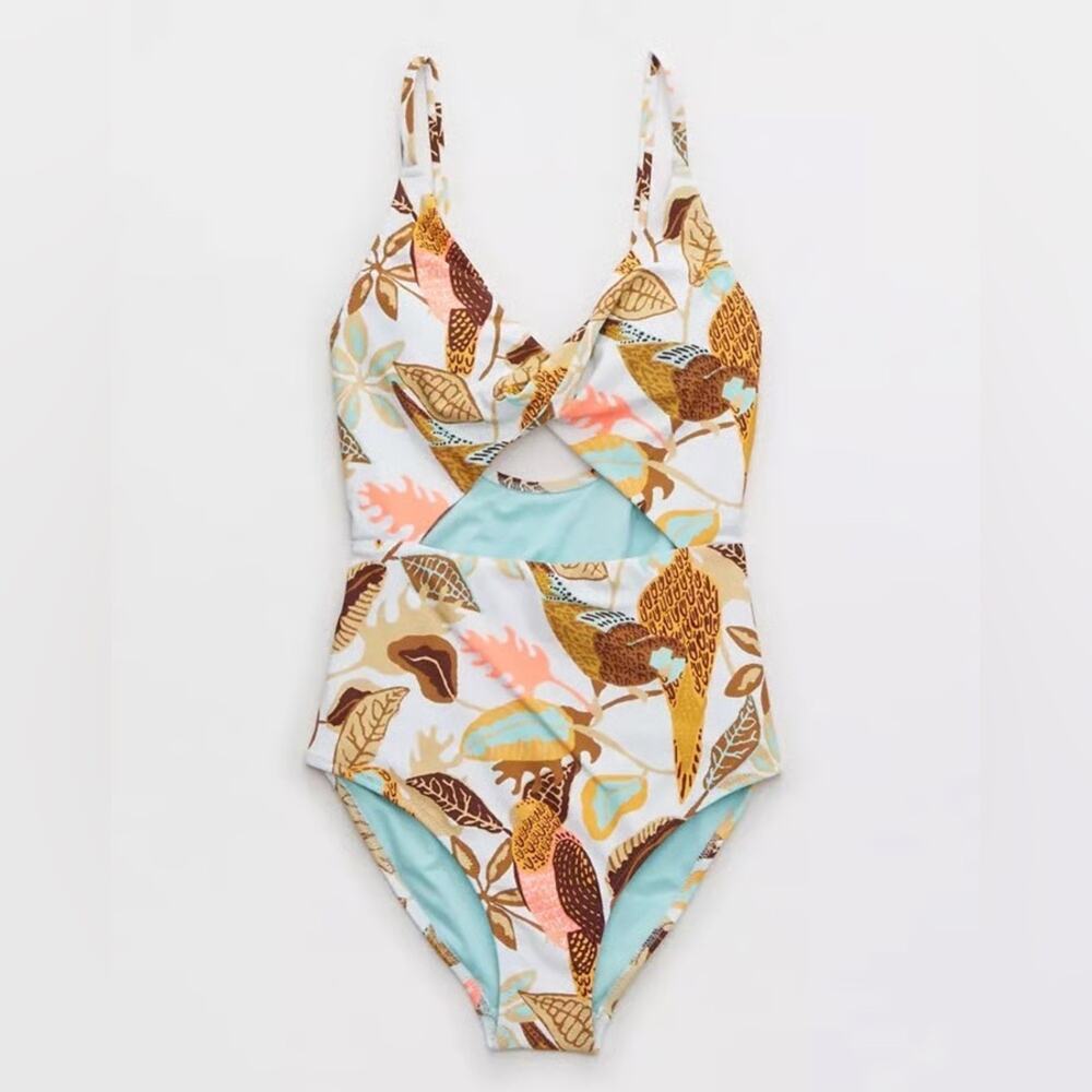NEW Aerie Twist Front Floral Leaf Cut Out One Piece Swimsuit Size Small - Picture 4 of 12
